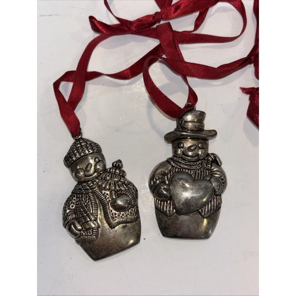 2 Vintage Gorham Silver Plated Snowmen Christmas Ornaments